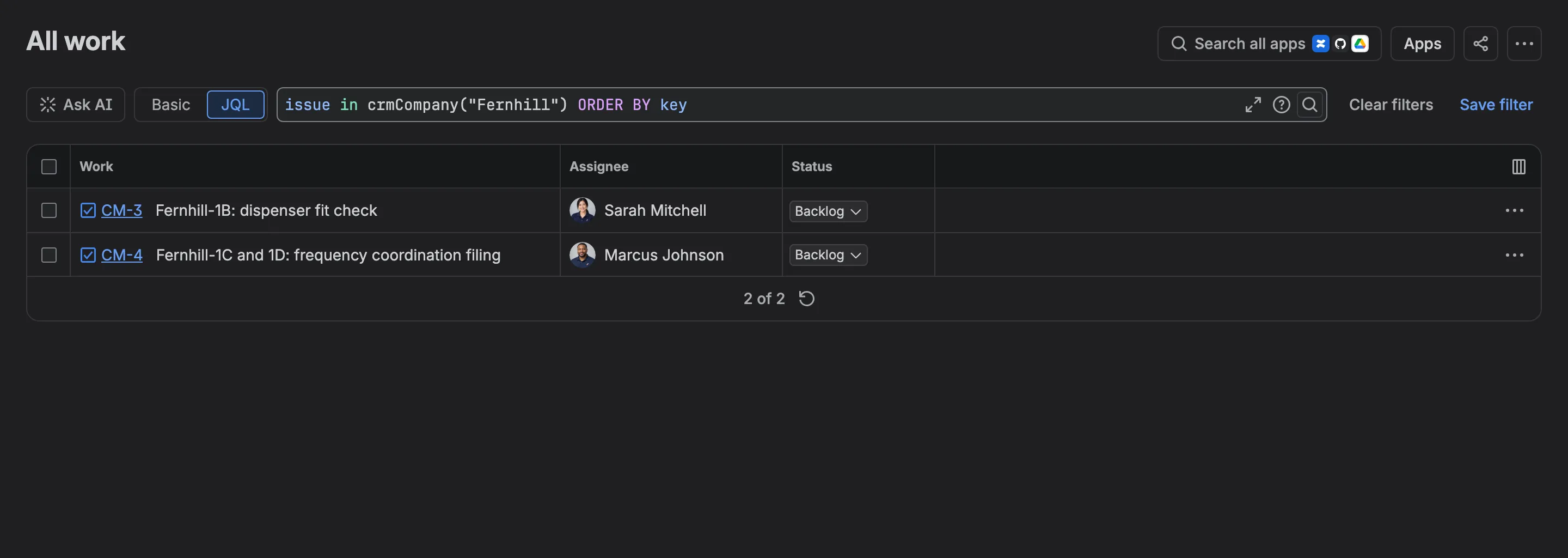 Jira search finding work items linked to Fernhill Telecom with crmCompany