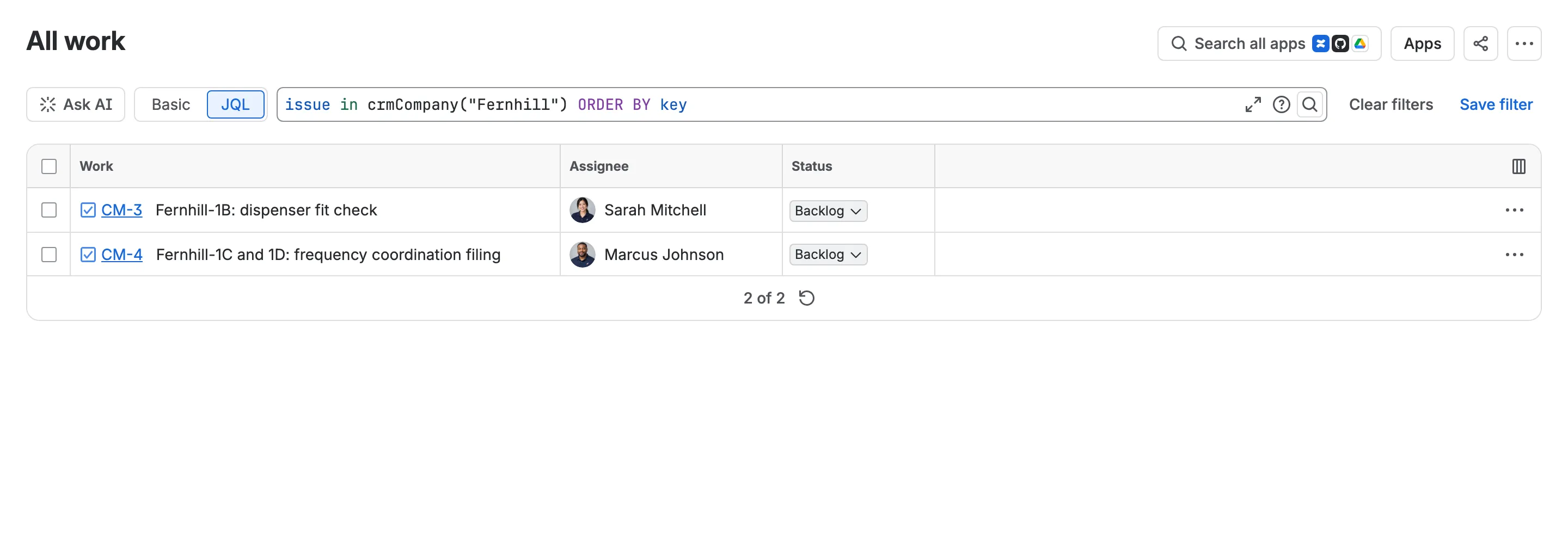 Jira search finding work items linked to Fernhill Telecom with crmCompany