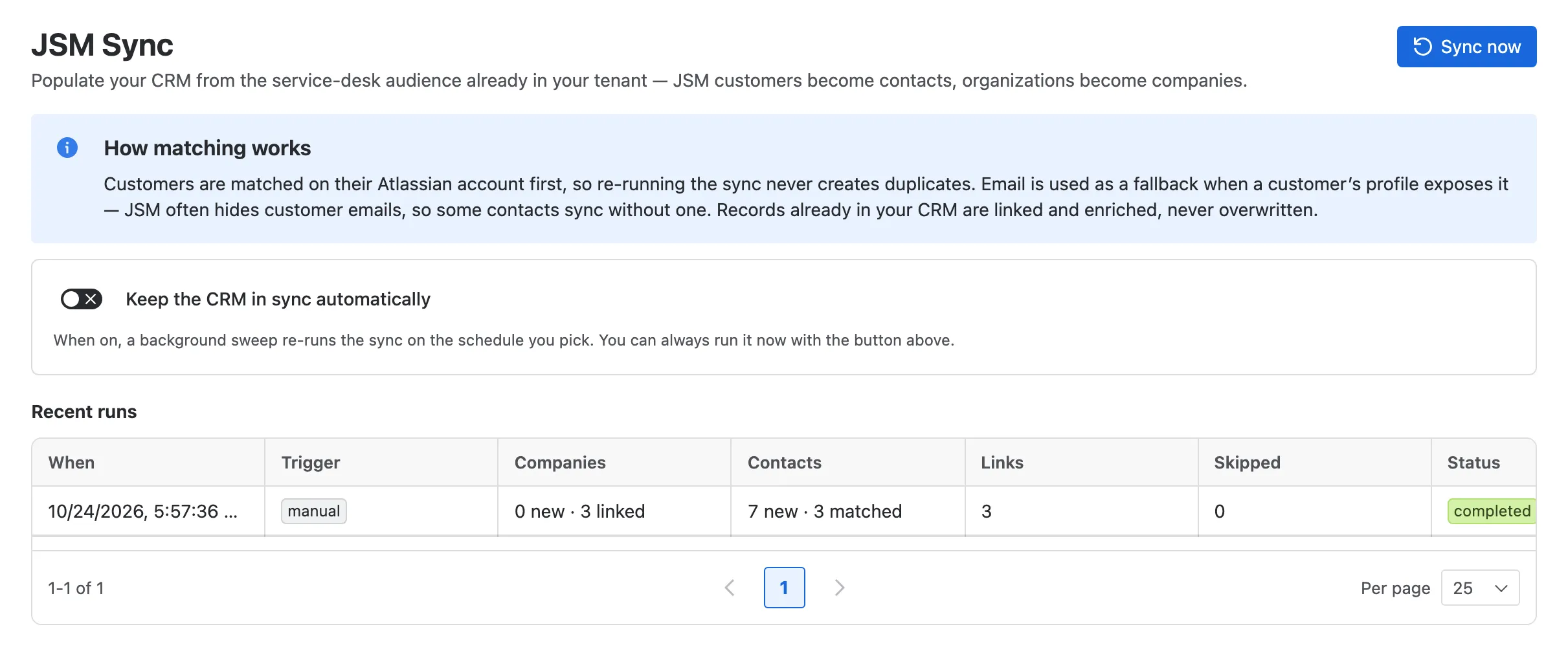 Settings → Jira → JSM Sync with Sync now, the schedule and recent runs