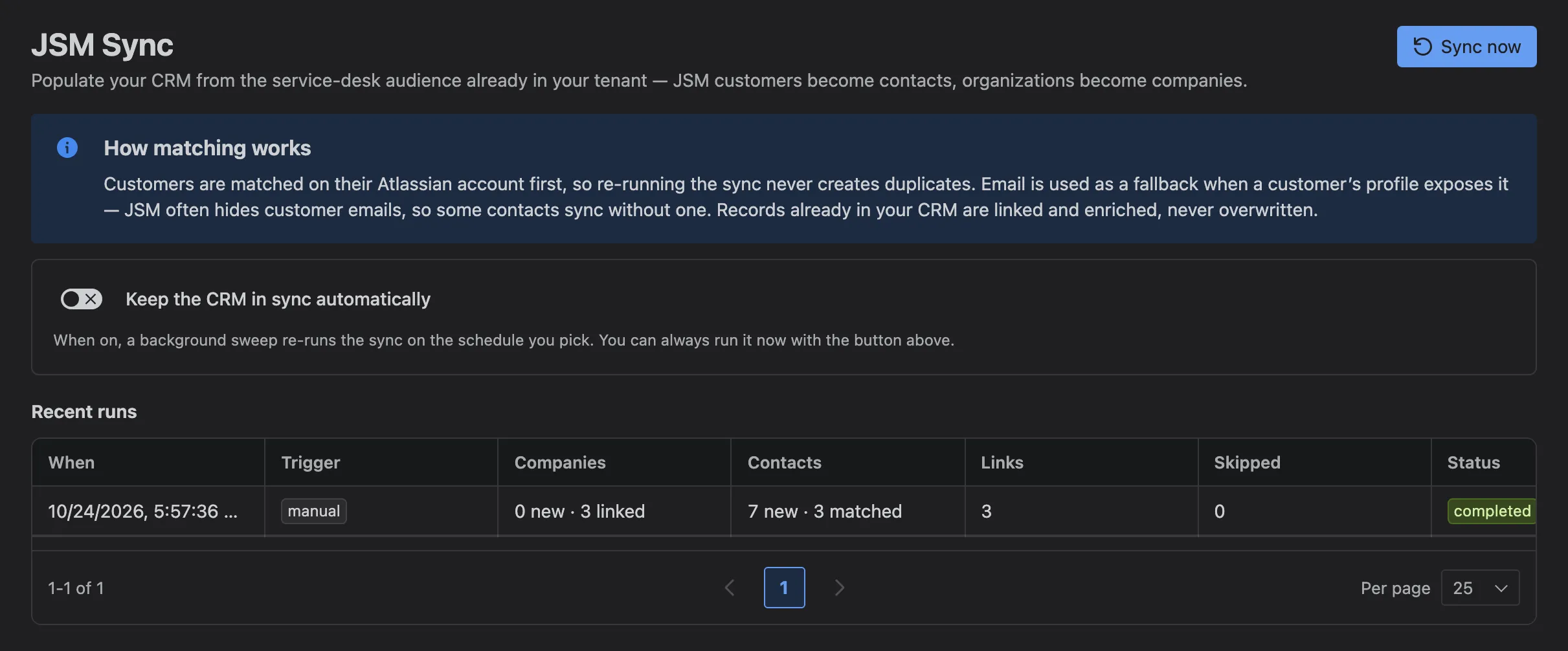 Settings → Jira → JSM Sync with Sync now, the schedule and recent runs