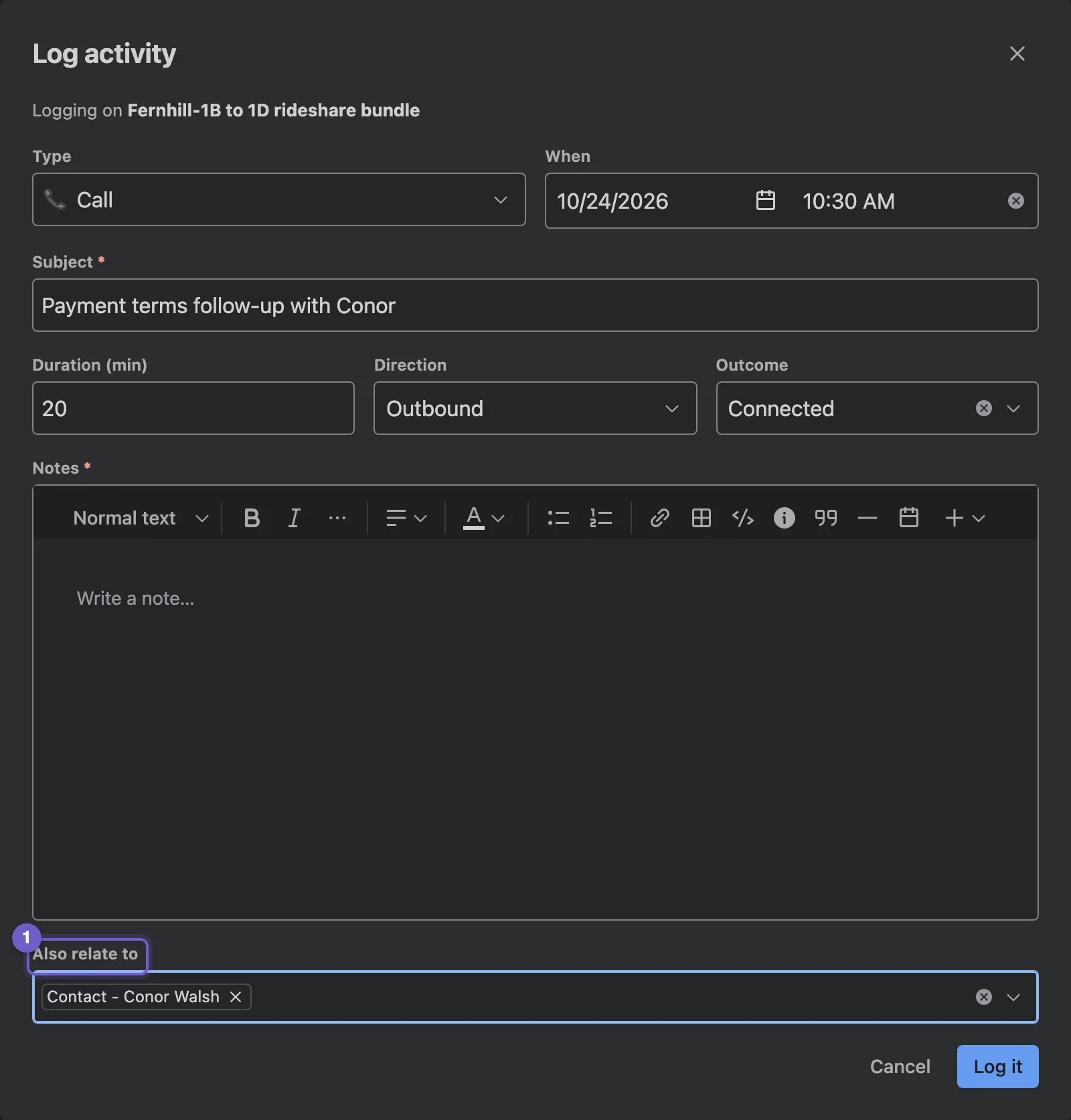 Logging a call with duration, outcome, notes and related records