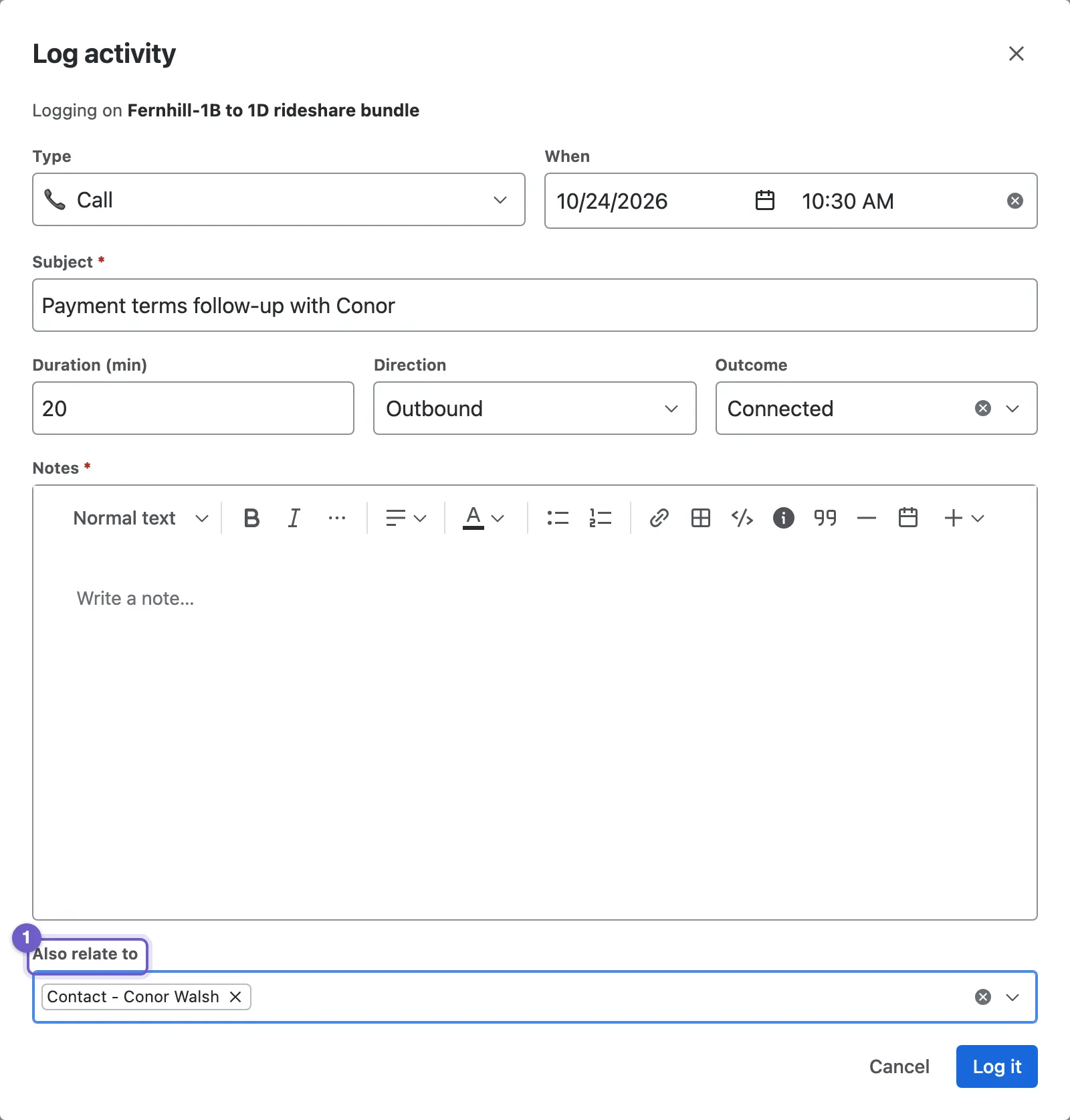 Logging a call with duration, outcome, notes and related records