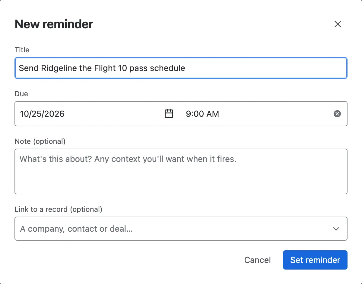 A new reminder with title, due time, note and linked record