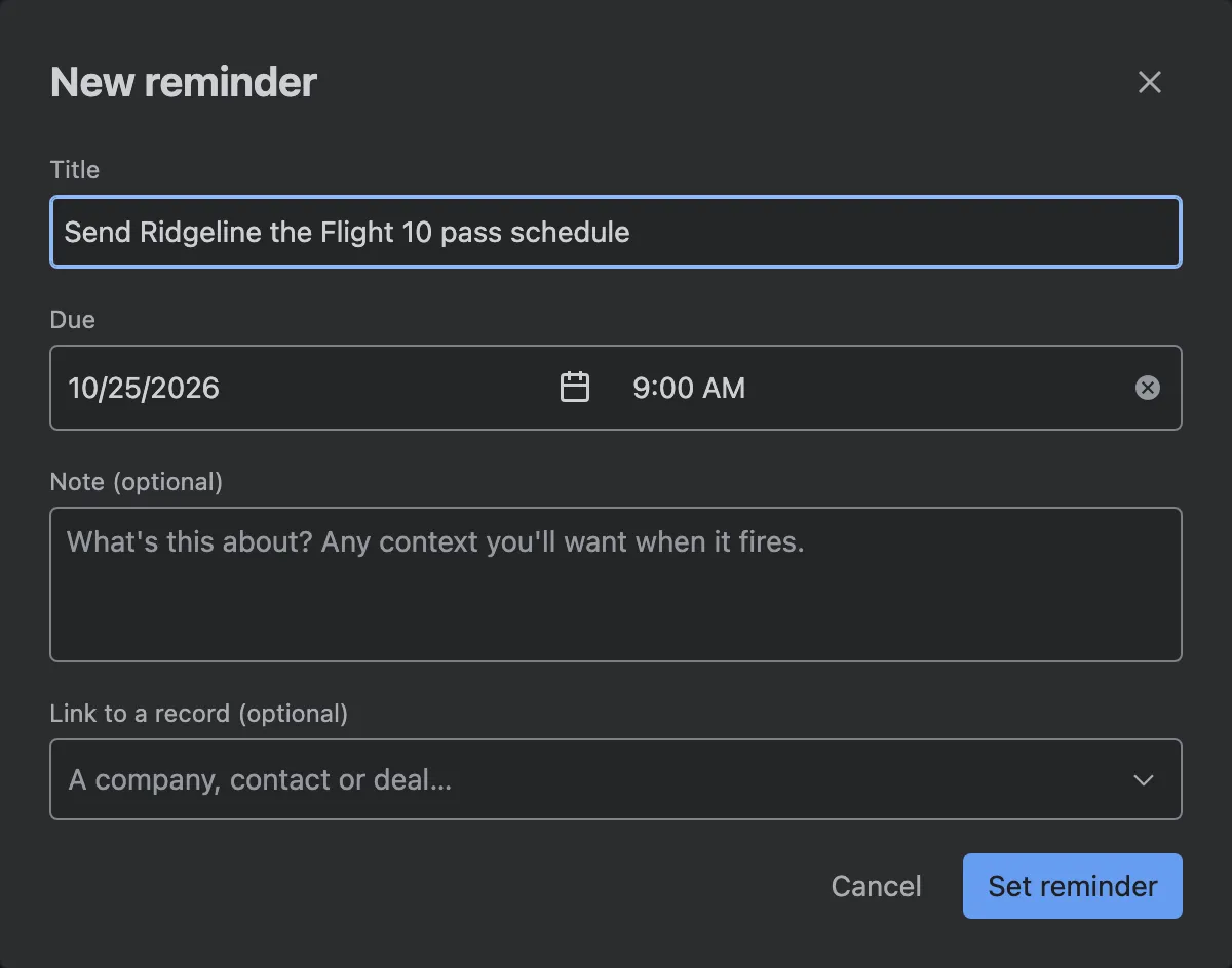 A new reminder with title, due time, note and linked record