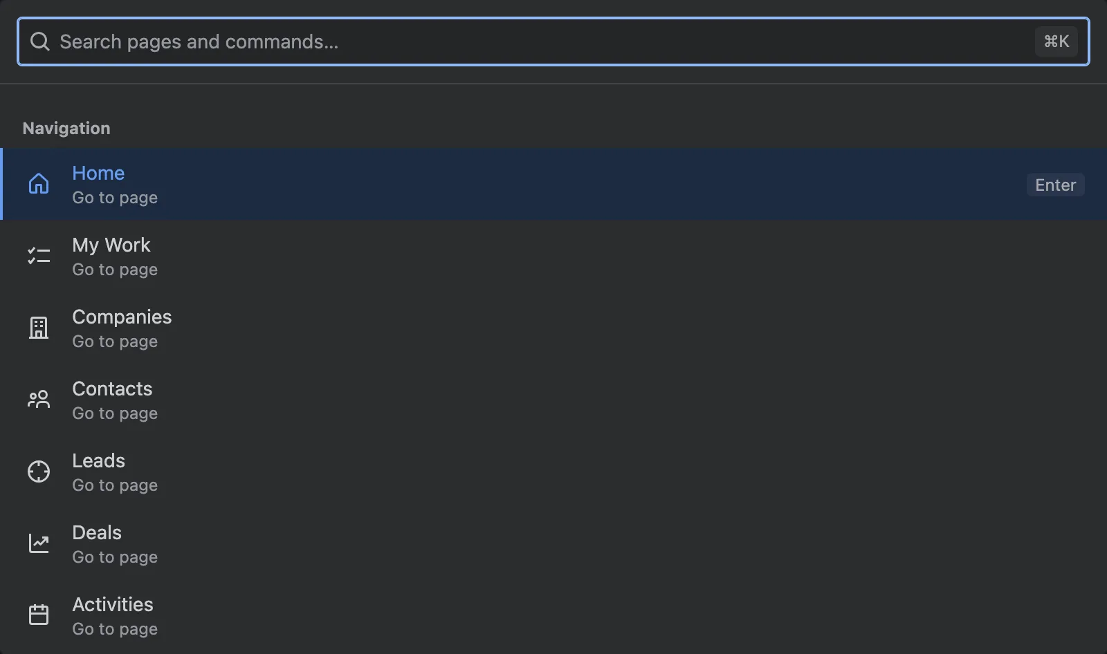 The ⌘K command palette with its Navigation, Search, Create and Actions groups