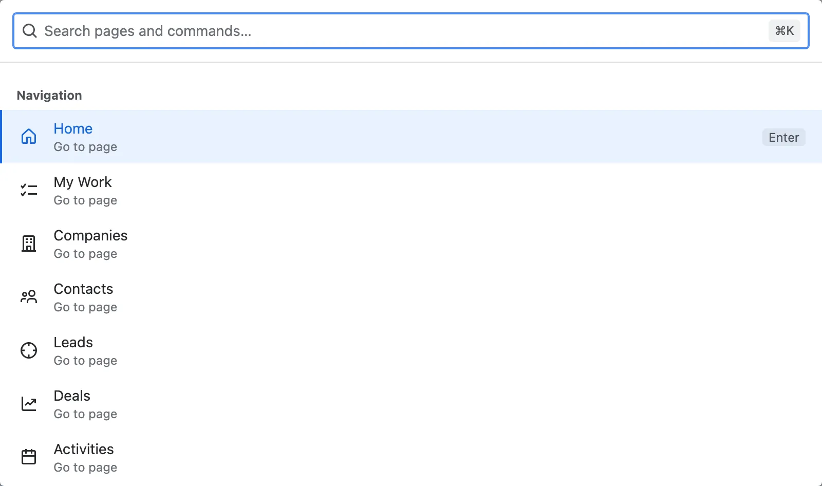The ⌘K command palette with its Navigation, Search, Create and Actions groups