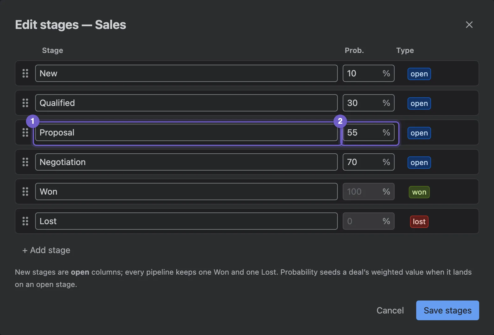 The stage editor with names and default probabilities