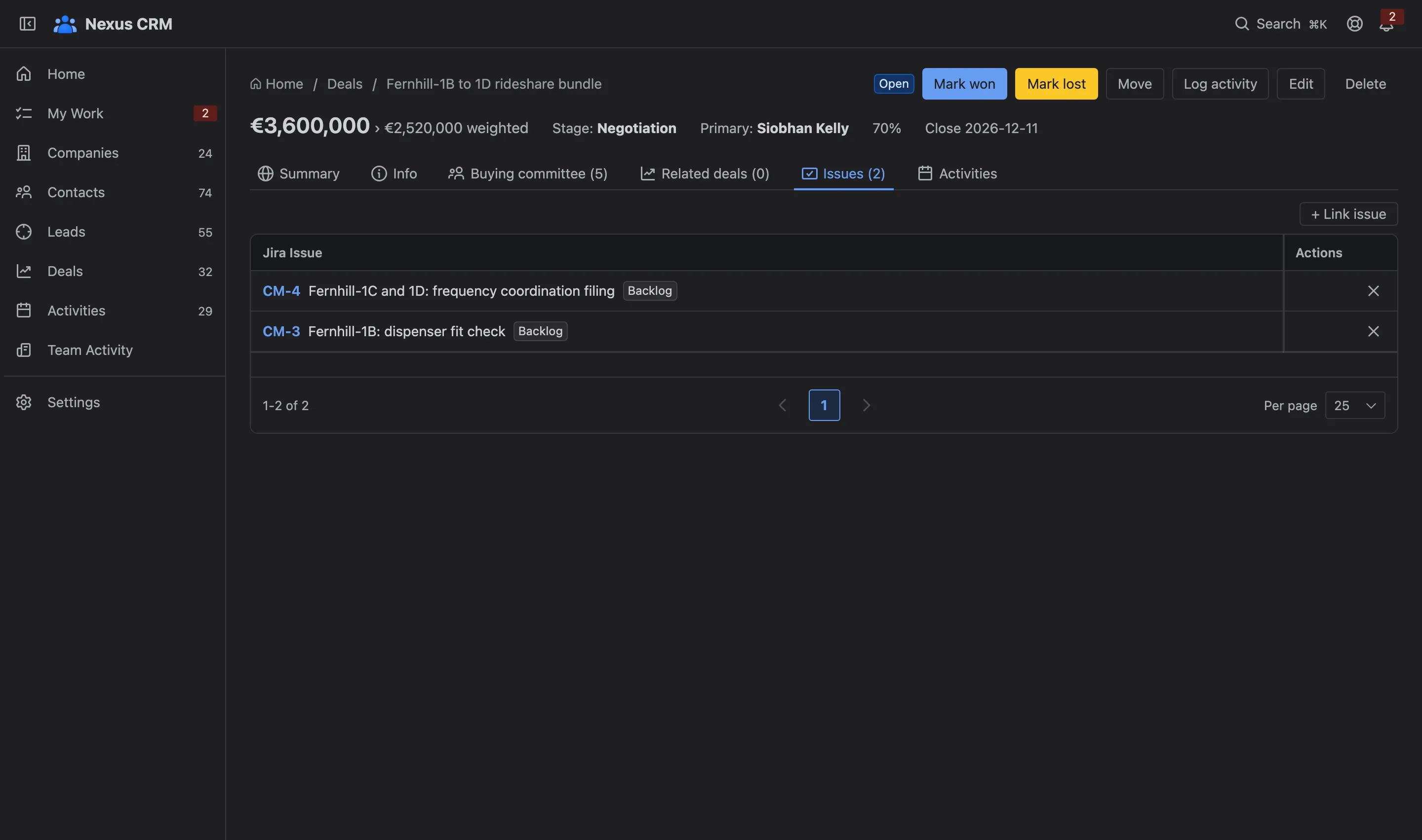 A deal’s Issues tab with linked work items