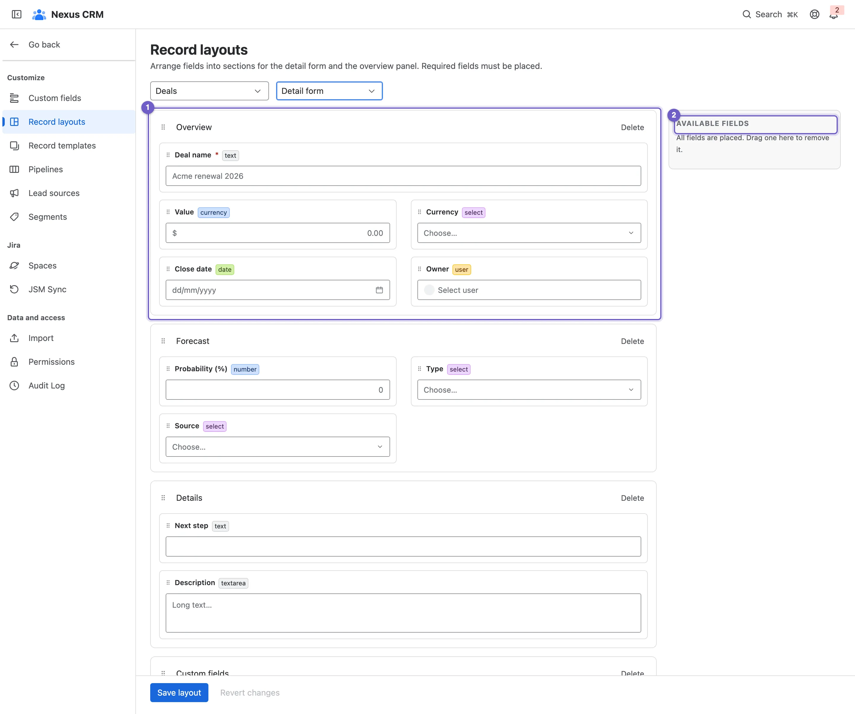 The record layout editor for deals
