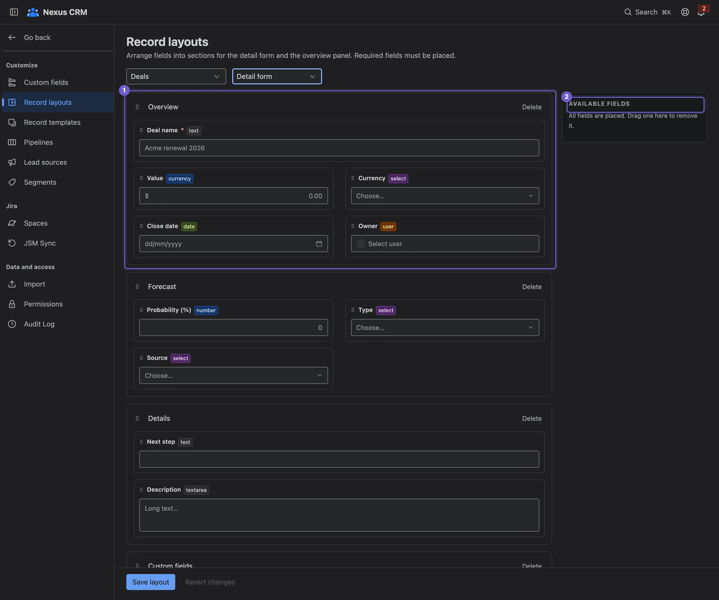 The record layout editor for deals