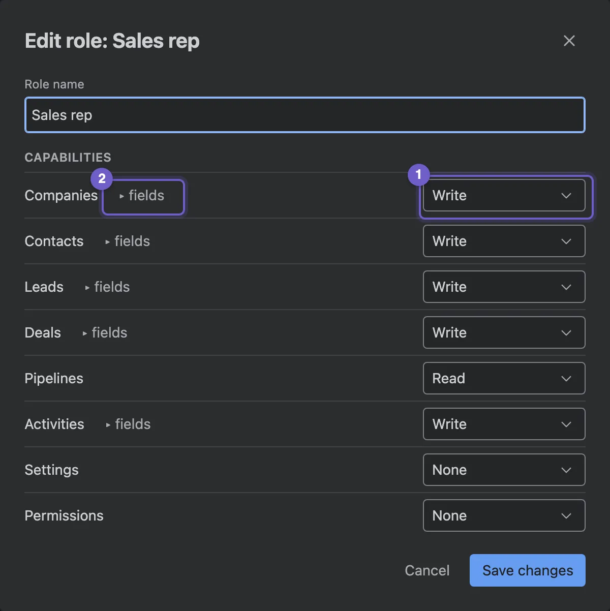 Editing the Sales rep role with area levels and field permissions