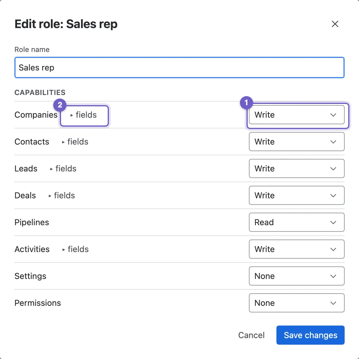 Editing the Sales rep role with area levels and field permissions