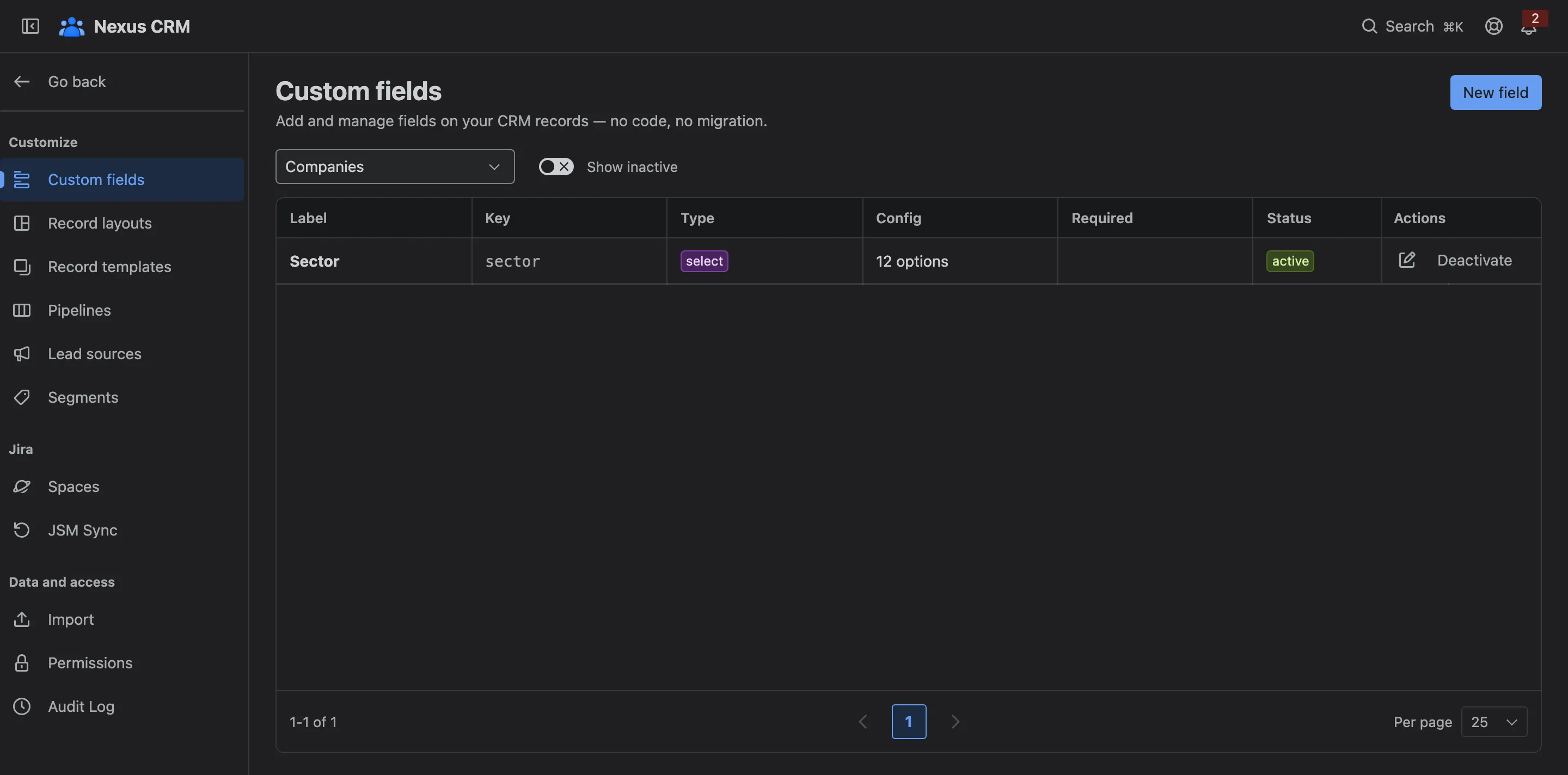 The Settings menu: Customize, Jira, and Data and access