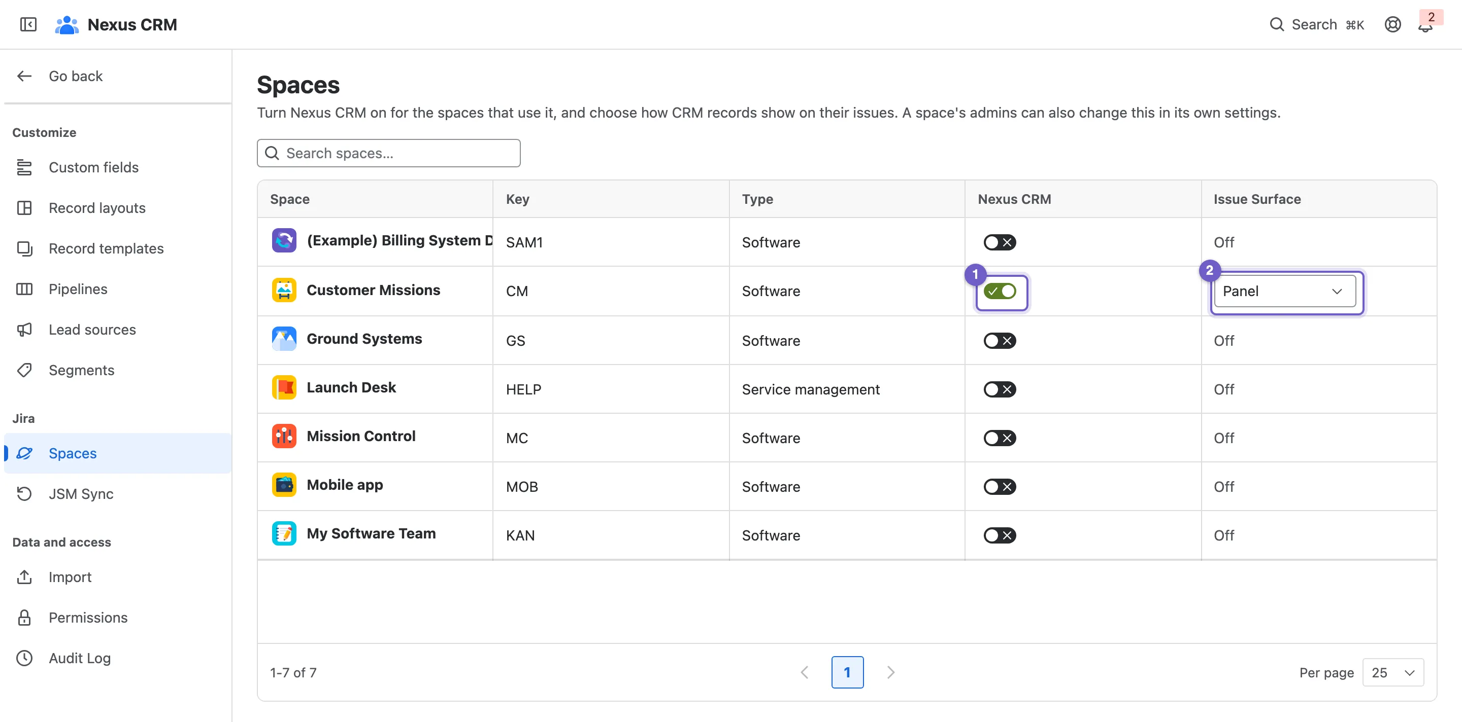 Settings → Jira → Spaces: every Jira space with its Nexus CRM toggle and issue surface