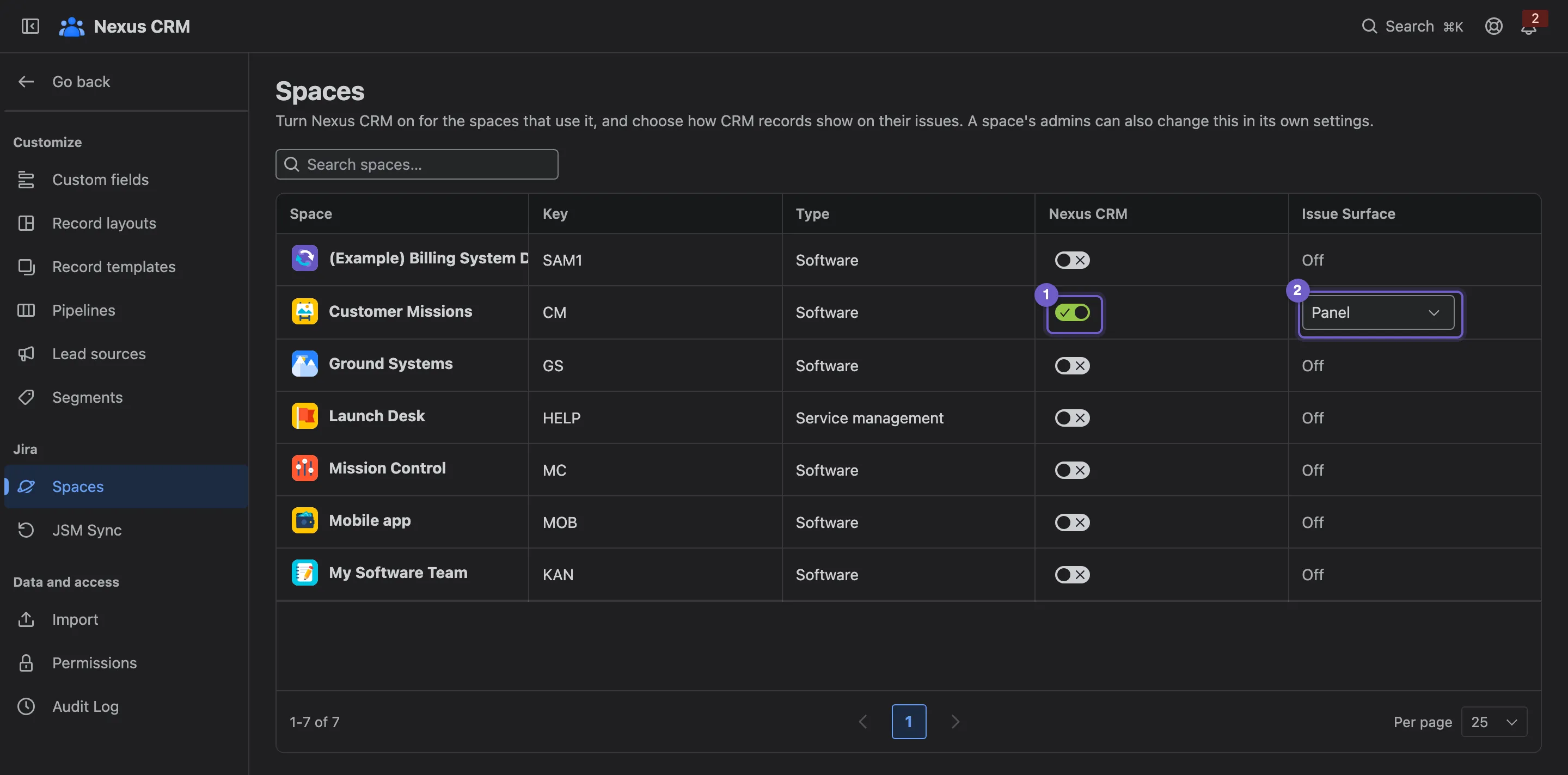 Settings → Jira → Spaces: every Jira space with its Nexus CRM toggle and issue surface