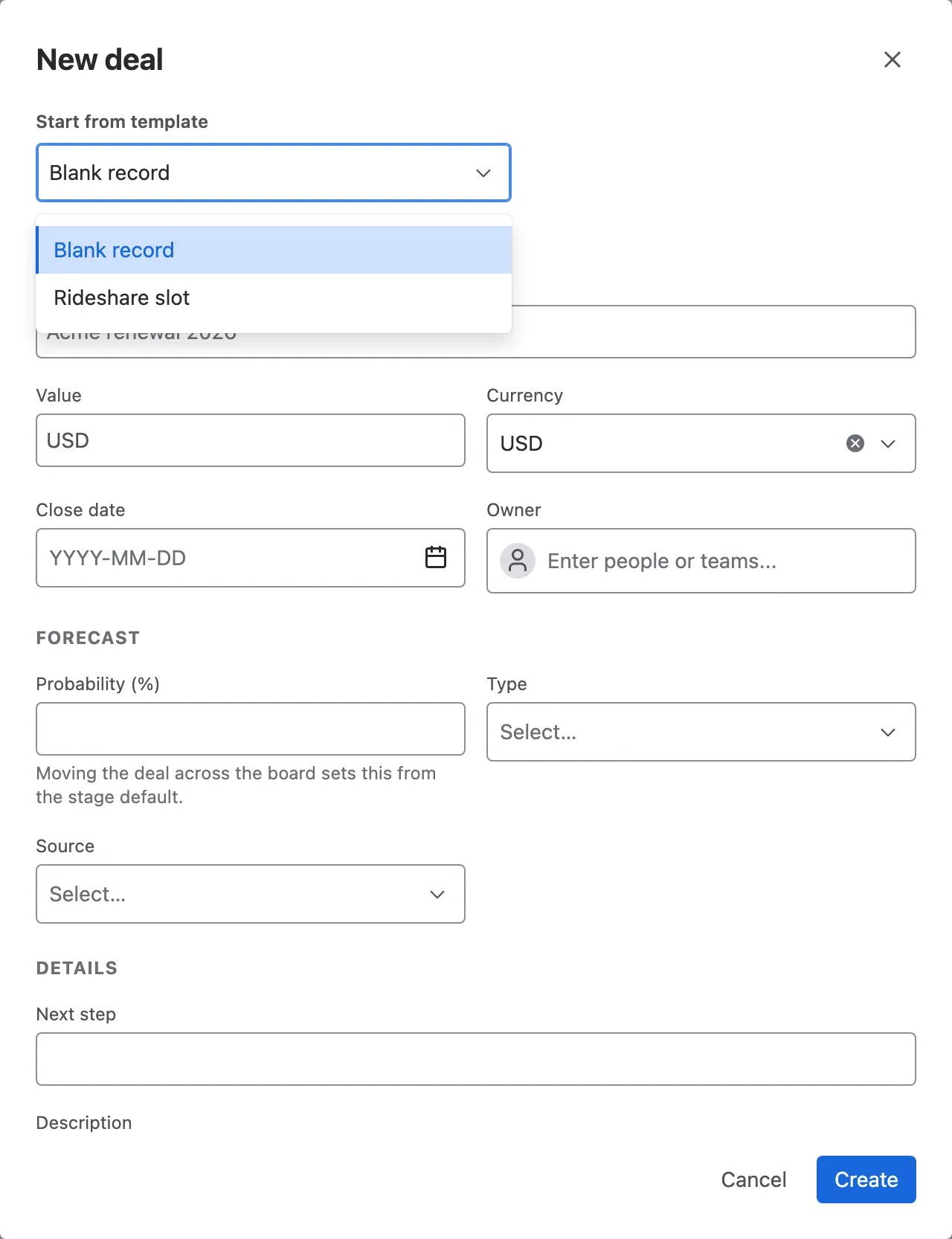 Start from template on a new deal