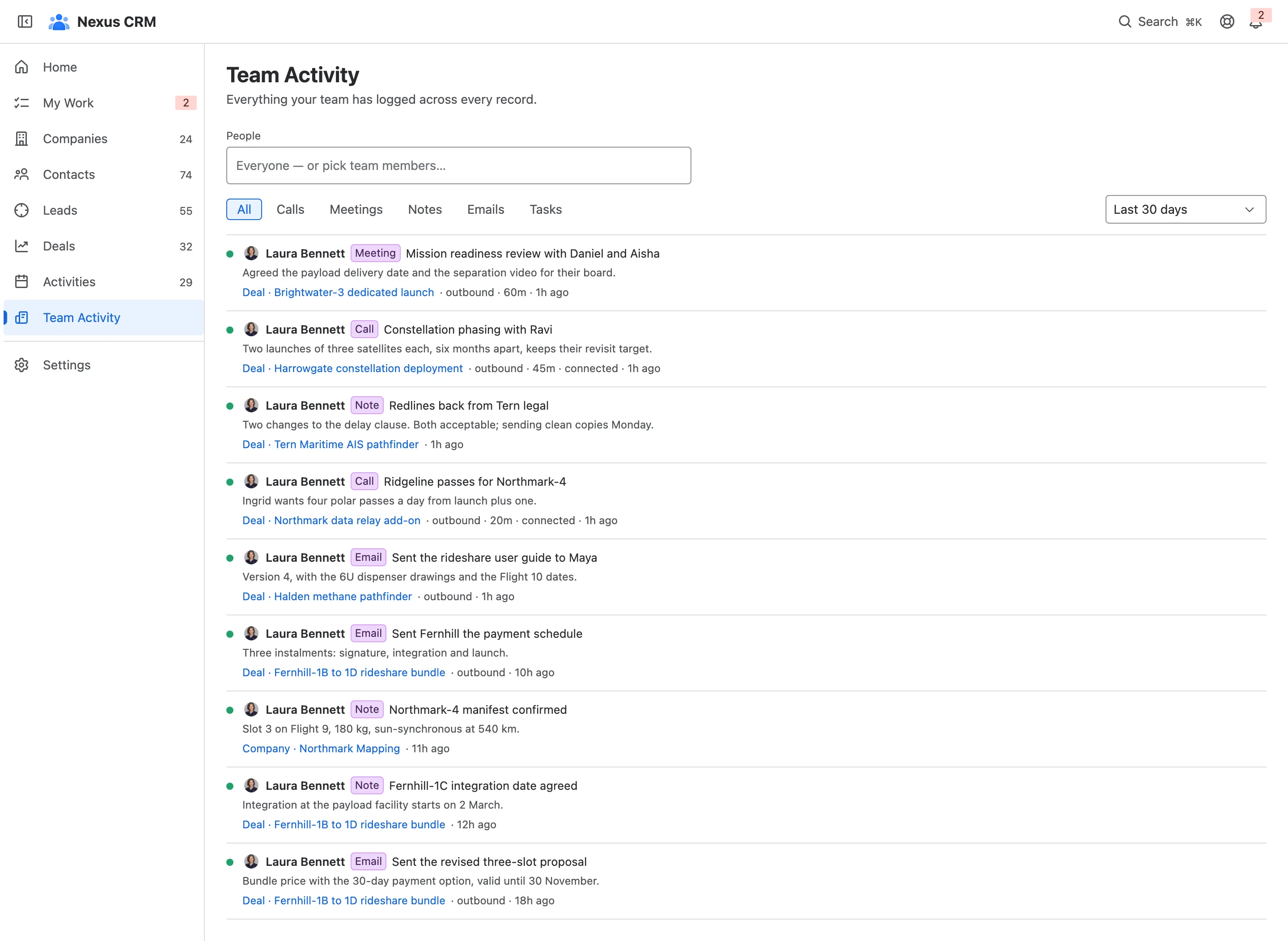 Team Activity with people, type and date filters