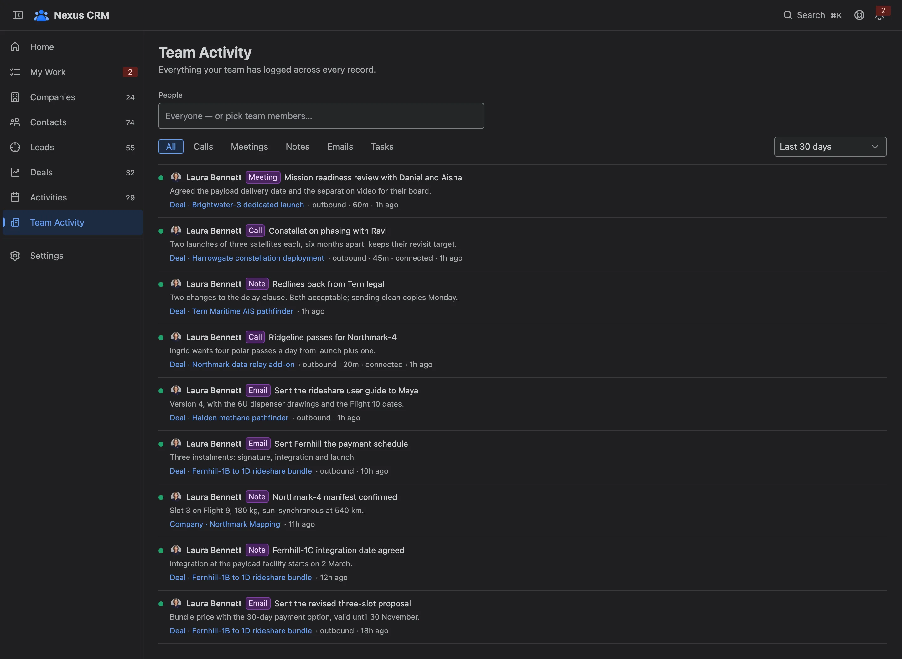 Team Activity with people, type and date filters