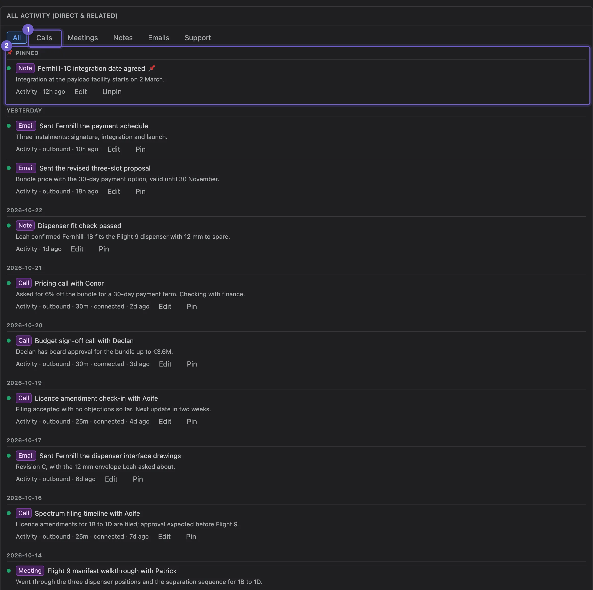 A deal’s activity timeline with filters, a pinned entry and day groups