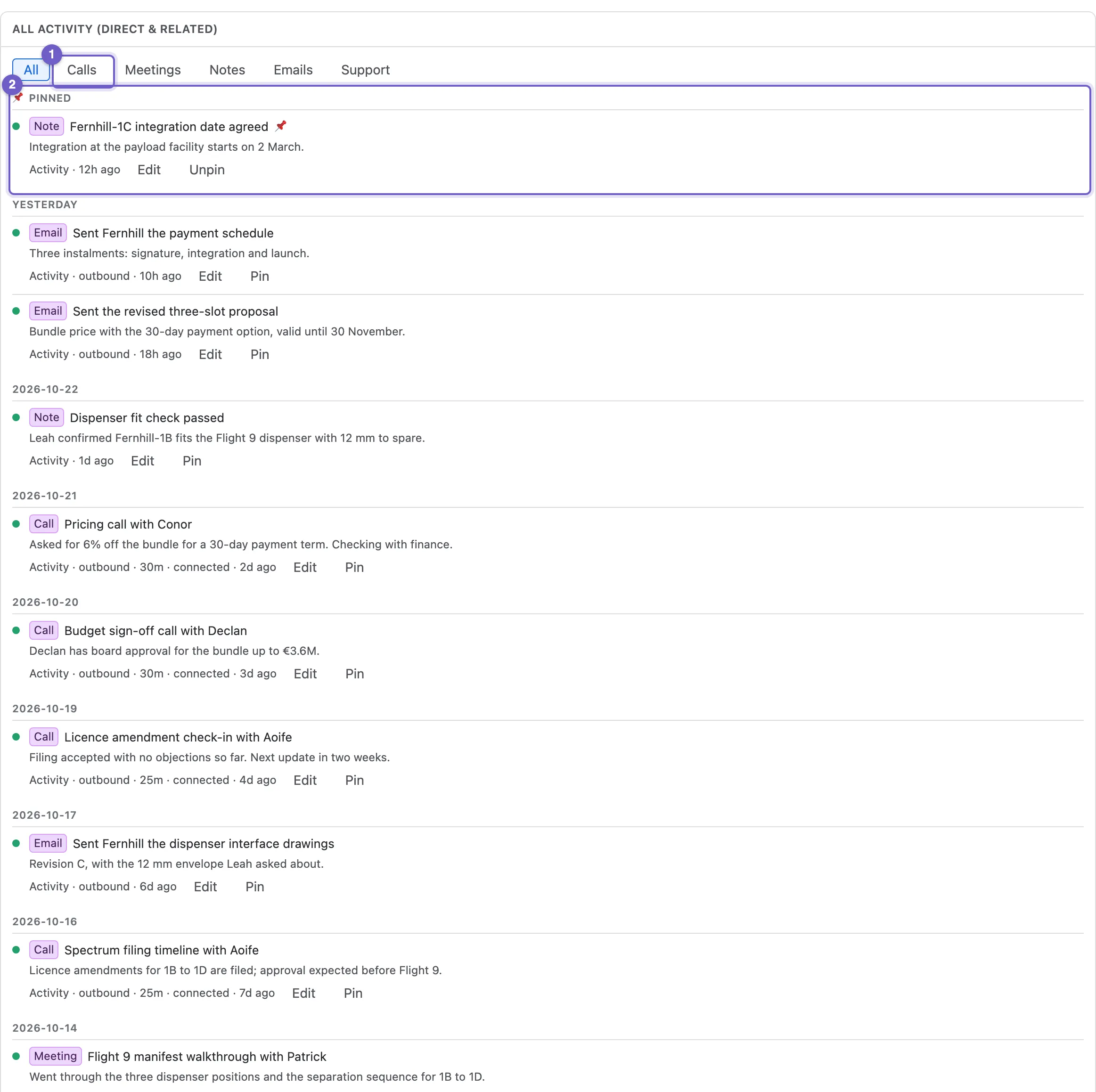 A deal’s activity timeline with filters, a pinned entry and day groups