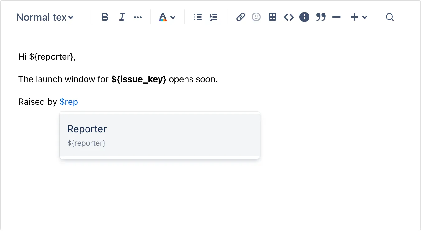 Typing $rep in the template editor narrows the list to Reporter